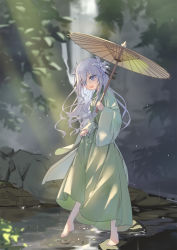 Rule 34 | 1girl, barefoot, blue eyes, brown umbrella, character request, commentary request, date a live, eyes visible through hair, flower, full body, grey hair, hair flower, hair ornament, highres, holding, holding umbrella, long sleeves, looking down, mo (pixiv9929995), oil-paper umbrella, open mouth, ripples, solo, takamiya mio, umbrella, water, white flower, wide sleeves