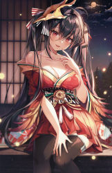 Rule 34 | 1girl, ahoge, azur lane, bare shoulders, bird mask, black hair, black thighhighs, blurry, breasts, cleavage, cloud, collarbone, depth of field, full moon, hand on own thigh, highres, japanese clothes, kimono, large breasts, long hair, looking at viewer, mask, mask on head, miniskirt, moon, night, obi, off shoulder, outdoors, pleated skirt, red eyes, red kimono, red skirt, sash, sitting, skirt, solo, taihou (azur lane), thighhighs, ttosom, twintails, very long hair, wide sleeves, zettai ryouiki