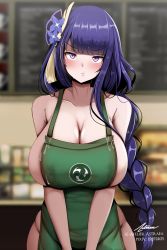 Rule 34 | 1girl, apron, astraea (atelierastraea), barista, blurry, blurry background, bottomless, braid, breasts, commentary, english commentary, genshin impact, green apron, highres, iced latte with breast milk (meme), indoors, lactation, lactation through clothes, large breasts, long braid, long hair, low-braided long hair, low-tied long hair, meme, mole, mole under eye, naked apron, pout, purple eyes, purple hair, raiden shogun, single braid, solo, starbucks, topless, very long hair
