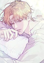 Rule 34 | 1boy, artist name, bed, blonde hair, character request, copyright request, english text, highres, hugging object, indoors, jin wol1015, long sleeves, male focus, on pillow, parted lips, pillow, pillow hug, purple sweater, short hair, solo, sweater, teeth, white background, yellow eyes