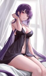 Rule 34 | 1girl, alternate costume, bare arms, bare shoulders, bedroom, black panties, blunt bangs, breasts, cleavage, curtains, genshin impact, hair down, hand in own hair, highres, large breasts, light blush, lingerie, long hair, looking at viewer, mole, mole under eye, navel, nightgown, on bed, open mouth, panties, purple eyes, purple hair, raiden shogun, seo pport, sitting, solo, thighs, underwear, white background, window