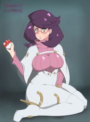 Rule 34 | 1girl, absurdres, artist name, big hair, boots, breasts, buttons, capelet, chaos-cancel-kyur, creatures (company), game freak, glasses, green eyes, hand on own thigh, high-waist skirt, high heel boots, high heels, highres, holding, holding poke ball, large breasts, long sleeves, medium skirt, nintendo, pencil skirt, pink-framed eyewear, pink sweater, poke ball, poke ball (basic), pokemon, pokemon sm, purple hair, ribbed sweater, seiza, sitting, skirt, solo, sweater, turtleneck, turtleneck sweater, white capelet, white skirt, wicke (pokemon)