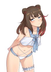 Rule 34 | 1girl, ajidot, animal ears, arknights, bare arms, bare shoulders, bear ears, bikini, blue eyes, blush, bridal garter, brown hair, commentary request, cowboy shot, highres, leaning forward, long hair, looking at viewer, multicolored hair, navel, red hair, simple background, solo, standing, stomach, streaked hair, swimsuit, thighs, white background, white bikini, zima (arknights)