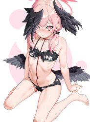 Rule 34 | 1girl, absurdres, bare shoulders, barefoot, bikini, black bikini, black bow, black wings, blue archive, blush, bow, closed mouth, collarbone, covering own eyes, feathered wings, feathers, flat chest, floral print, front-tie top, full body, hair ornament, halo, head wings, highres, koharu (blue archive), koharu (swimsuit) (blue archive), long hair, looking at viewer, low twintails, low wings, navel, official alternate costume, parabi, pink eyes, pink hair, pink halo, print bikini, red halo, simple background, sitting, solo, stomach, swimsuit, tearing up, twintails, wariza, white background, wings