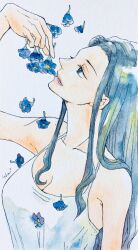 Rule 34 | 1girl, arm up, blue eyes, blue hair, commentary request, dress, falling flower, flower, hanakotoba28, highres, looking up, nico robin, one piece, pink lips, profile, sidelocks, signature, solo, upper body, white dress