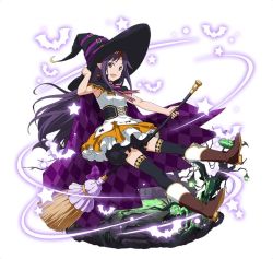 Rule 34 | :d, black hat, black shorts, black thighhighs, broom, broom riding, brown eyes, brown footwear, dress, floating hair, frilled shorts, frills, full body, halloween, halloween costume, hand on headwear, hat, headband, layered dress, long hair, looking at viewer, open mouth, pointy ears, purple hair, shorts, shorts under dress, simple background, sleeveless, smile, sword art online, thighhighs, very long hair, white background, witch hat, yuuki (sao)