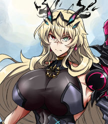Rule 34 | 1girl, armor, bare shoulders, black dress, blonde hair, breasts, dress, earrings, barghest (fate), fate/grand order, fate (series), gauntlets, green eyes, heterochromia, highres, horns, jewelry, large breasts, long hair, looking at viewer, nabeiro kin, necklace, pauldrons, pelvic curtain, red eyes, shoulder armor, sideboob, single gauntlet, single pauldron, solo