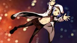 Rule 34 | 10s, 1girl, :o, ankle boots, arms up, belt, beret, black pantyhose, blue hair, blurry, boots, breasts, carol (guilty crown), center opening, chuuou higashiguchi, coat, flat chest, from above, game cg, gradient background, gradient hair, guilty crown, guilty crown lost christmas, halterneck, hat, light particles, looking at viewer, midriff, miniskirt, multicolored hair, navel, nitroplus, no bra, open clothes, open coat, open mouth, orange eyes, outstretched arms, pantyhose, pencil skirt, short hair, skirt, small breasts, solo, spread arms, standing, underboob, white hair