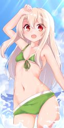 Rule 34 | 1girl, arm up, armpits, bare shoulders, bikini, blue sky, blush, breasts, chawan (yultutari), collarbone, day, eyelashes, fate/kaleid liner prisma illya, fate (series), green bikini, hair between eyes, highres, illyasviel von einzbern, long hair, looking at viewer, navel, ocean, open mouth, red eyes, sky, small breasts, smile, solo, sunlight, swimsuit, thighs, white hair