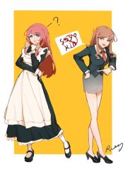 Rule 34 | 2girls, ?, anger vein, apron, bang dream!, bang dream! it&#039;s mygo!!!!!, black dress, black footwear, black jacket, blue eyes, brown hair, chihaya anon, collared shirt, commentary, dress, full body, grey skirt, hashtag-only commentary, high heels, highres, jacket, long hair, long sleeves, looking at another, maid, maid apron, mary janes, multiple girls, nagasaki soyo, necktie, open mouth, parted lips, pencil skirt, pink hair, red necktie, ruer, shirt, shoes, skirt, sweatdrop, two-tone background, white apron, white background, white shirt, yellow background