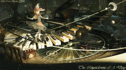 1girl absurdres apron atom black_capelet black_gloves black_hat black_shirt black_skirt blue_eyes bow bowtie braid bright_pupils brown_apron capelet chinese_commentary clock commentary_request cookie_(touhou) elbow_gloves floating_stairs full_body gloves grand_piano hair_bow hat hat_bow highres holding holding_microphone incredibly_absurdres instrument kirisame_marisa meguru_(cookie) mgrsk microphone pantyhose phonograph piano red_bow red_bowtie roman_numeral shirt short_hair side_braid single_braid skirt solo surreal touhou waist_apron white_pantyhose white_pupils witch_hat