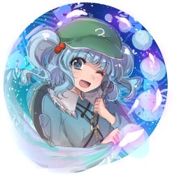 Rule 34 | 1girl, ;d, asa (coco), backpack, bag, blue eyes, blue hair, blue shirt, blunt bangs, eyebrows, flat cap, frilled shirt collar, frills, green hat, hat, head tilt, holding, kawashiro nitori, key, long sleeves, looking at viewer, one eye closed, open mouth, outside border, petals, round image, shirt, short hair, smile, solo, touhou, twintails, two side up, upper body, wrench