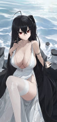Rule 34 | 1girl, absurdly long hair, absurdres, ahoge, armlet, azur lane, black hair, breasts, closed mouth, collarbone, dress, earrings, garter straps, highres, jewelry, knee up, large breasts, long hair, necklace, official alternate costume, one side up, plunging neckline, red eyes, sitting, so shio, solo, taihou (azur lane), taihou (temptation on the sea breeze) (azur lane), thighhighs, thighs, very long hair, white dress, white thighhighs