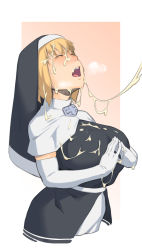 Rule 34 | 1girl, blonde hair, blush, breasts, breath, cum, cum on body, cum on clothes, cum on upper body, cum string, dyun, elbow gloves, en&#039;en no shouboutai, closed eyes, facial, gloves, highres, iris (enen no shouboutai), large breasts, nun, open mouth, own hands together, praying, short hair, solo, teeth, tongue, white gloves