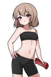 Rule 34 | 1girl, :o, absurdres, azur lane, bandeau, bare arms, bare shoulders, bike shorts, black shorts, blush, breasts, brown hair, collarbone, commentary request, grey eyes, hand on own hip, highres, holding, navel, parted lips, rock zinc, short shorts, shorts, simple background, small breasts, solo, white background, z23 (azur lane)