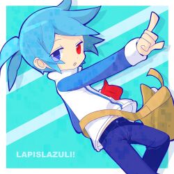 1boy :o antenna_hair aqua_background blue_eyes blue_hair blue_jacket blue_pants border brown_bag catchphrase clenched_hand cowboy_shot deformed denim diagonal_striped_background eyes_visible_through_hair heterochromia jacket jeans jitome knee_up liruty long_sleeves looking_at_viewer looking_to_the_side male_focus midriff_peek multicolored_clothes multicolored_jacket no_pupils open_mouth outside_border outstretched_arm pants pointing puyopuyo puyopuyo_fever_2 red_eyes sideways_glance sig_(puyopuyo) solo standing standing_on_one_leg striped_background two-tone_jacket waist_bag white_border white_jacket