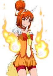 Rule 34 | 10s, 1girl, cure sunny, fire, flaming hand, flat chest, highres, hino akane (smile precure!), iyakun, looking at viewer, magical girl, orange skirt, orange theme, precure, red shorts, shorts, skirt, smile, smile precure!, solo