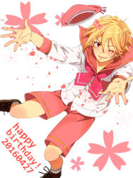 Rule 34 | 1boy, blonde hair, brown footwear, dated, ensemble stars!, floral background, flower, full body, hair flower, hair ornament, happy birthday, hat, highres, hiyuka (nyan), jacket, long sleeves, male focus, nito nazuna, one eye closed, open mouth, petals, pink flower, pink shorts, red eyes, sailor collar, sailor hat, shorts, smile, socks, solo, white background, white jacket, white socks