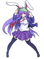 Rule 34 | 1girl, animal ears, black thighhighs, grin, ishimu, long hair, necktie, object on head, panties, panties on head, purple hair, rabbit ears, red eyes, red necktie, reisen udongein inaba, smile, solo, striped clothes, striped panties, thighhighs, touhou, underwear, very long hair