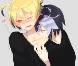 Rule 34 | 2boys, ahoge, bad id, bad pixiv id, biting, black hair, blonde hair, blush, closed eyes, fang, full-face blush, heart, heart-shaped pupils, kido hyde, male focus, multicolored hair, multiple boys, neck biting, one eye closed, red eyes, seth (under night in-birth), short hair, symbol-shaped pupils, tears, trembling, two-tone hair, under night in-birth, white hair, wince, yaoi, yusano