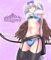 Rule 34 | 1girl, animal ears, bell, bow, bow (weapon), earrings, flat chest, garter straps, hair bow, iwaya, jewelry, panties, pixiv fantasia, pixiv fantasia 4, silver hair, solo, thighhighs, underwear, weapon, wings, yellow eyes