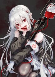 Rule 34 | 1girl, absurdres, arknights, black background, blood, blood bag, blood on face, cross, fang, gloves, highres, kuromu, long hair, pointy ears, red cross, simple background, solo, tongue, tongue out, vampire, warfarin (arknights), white gloves, white hair