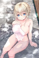 Rule 34 | 1girl, amanagi seiji, bath, bathing, blonde hair, blue eyes, breasts, cleavage, covering privates, highres, large breasts, naked towel, nude cover, onsen, original, partially submerged, rock, soaking feet, steam, towel, wet