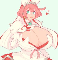 Rule 34 | 1girl, breasts, cleavage, clover, curvy, earrings, elphelt valentine, female focus, green eyes, guilty gear, guilty gear xrd, heart, highres, huge breasts, jewelry, lips, pink hair, short hair, solo, spookiebuni, thick lips, thick thighs, thighs, upper body, wide hips