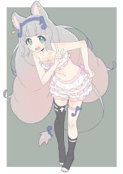 Rule 34 | 1girl, absurdres, animal ears, asymmetrical legwear, bad id, bad twitter id, bare arms, bare shoulders, big hair, black thighhighs, blunt bangs, border, breasts, cleavage, donguri suzume, ear piercing, full body, gradient hair, green background, green eyes, grey hair, hairband, hand on own hip, hatsukisou chiyu, highres, index finger raised, leg strap, long hair, looking at viewer, mouse ears, mouse tail, multicolored hair, musical note, nail polish, no shoes, open mouth, original, piercing, pink nails, round teeth, simple background, single sock, single thighhigh, socks, solo, standing, tail, tail ornament, teeth, thigh strap, thighhighs, toeless legwear, toenail polish, toenails, uneven legwear, very long hair, virtual youtuber, white border
