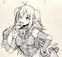 Rule 34 | 1girl, bracelet, candy, character request, closed mouth, fingerless gloves, food, gloves, greyscale, holding, holding candy, holding food, holding lollipop, jewelry, lollipop, long hair, monochrome, murata tefu, pointy ears, simple background, solo, tail, twintails, white background