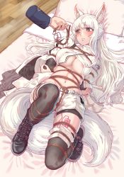 Rule 34 | 1girl, absurdres, animal ear fluff, animal ears, areola slip, arknights, arms behind back, bdsm, bed, black footwear, black thighhighs, blush, bondage, bound, breasts, chinese commentary, commentary request, commission, disembodied hand, gag, grey eyes, highres, holding, holding gag, indoors, jacket, large breasts, large tail, leveen, long hair, lying, navel, on back, pillow, platinum (arknights), rope, second-party source, sex toy, shoes, short shorts, shorts, silver hair, solo focus, stomach, tail, thighhighs, thighs, very long hair, vibrator, white jacket, white shorts, wooden floor