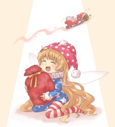 Rule 34 | 1girl, :d, ^ ^, american flag dress, american flag legwear, animal, asymmetrical legwear, blonde hair, blue dress, blush, brown background, closed eyes, clownpiece, commentary request, dress, fairy wings, flying, fur-trimmed sleeves, fur trim, gift, hat, highres, hugging object, long hair, long sleeves, mismatched legwear, naegi (naegidokoro), neck ruff, no shoes, open mouth, pantyhose, polka dot, polka dot headwear, print dress, red hat, sack, santa hat, sitting, sled, sleeves past wrists, smile, snail, solo, sparkle, star (symbol), star print, touhou, transparent wings, two-tone background, very long hair, wariza, white background, wings