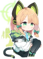 Rule 34 | 1girl, :o, animal ear headphones, animal ears, black footwear, black thighhighs, blue archive, blue necktie, boots, bow, brown hair, cat ear headphones, cat ears, chibi, collared shirt, commentary request, fake animal ears, full body, green bow, green eyes, hair bow, halo, headphones, highres, hood, hood down, hooded jacket, jacket, knees up, kotatu (akaki01aoki00), midori (blue archive), necktie, open clothes, open jacket, parted lips, shirt, sitting, solo, tail, thighhighs, thighhighs under boots, white background, white jacket, white shirt