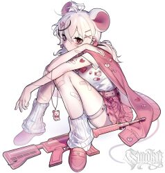 Rule 34 | 1girl, animal ears, antenna hair, artist name, bandaid, bandaid on arm, bandaid on leg, belt, bow, bowtie, crossed bangs, gun, hair bow, highres, jacket, jacket on shoulders, loose socks, mouse ears, mouse tail, original, pink bow, pink bowtie, pink eyes, pink footwear, pink jacket, pink skirt, rifle, shirt, shirt tucked in, shoes, short sleeves, simple background, sitting, skirt, smokyan, socks, solo, tail, thigh strap, twintails, weapon, white background, white hair, white shirt