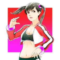 Rule 34 | 1girl, alternate costume, bangle, black hair, bracelet, breasts, brown eyes, cleavage, cropped jacket, fighting stance, groin, jacket, jewelry, joe (milkcrown), ling xiaoyu, long hair, midriff, namco, navel, open clothes, open jacket, scrunchie, small breasts, solo, sports bra, stomach, tekken, track jacket, twintails