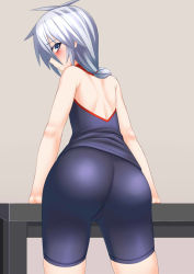 Rule 34 | 1girl, ass, back, bare shoulders, bike shorts, blue eyes, blush, from behind, leaning, leaning forward, long hair, looking back, meian, original, ponytail, silver hair