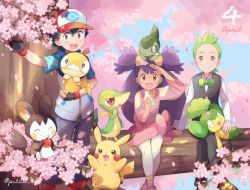 Rule 34 | 1girl, 2boys, :d, ash ketchum, axew, baseball cap, black gloves, black hair, bow, bowtie, brown eyes, cilan (pokemon), closed mouth, commentary, creatures (company), crossed legs, emolga, eyelashes, fingerless gloves, food, game freak, gen 1 pokemon, gen 5 pokemon, gloves, green eyes, green hair, hat, highres, holding, holding pokemon, iris (pokemon), jacket, leggings, long hair, long sleeves, mei (maysroom), multiple boys, nintendo, on head, open mouth, pansage, pants, pikachu, pokemon, pokemon (anime), pokemon (creature), pokemon bw (anime), pokemon on head, purple hair, sandwich, scraggy, shirt, shoes, short sleeves, sitting, smile, snivy, standing, symbol-only commentary, teeth, tongue, traditional bowtie, vest, white shirt