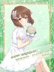 Rule 34 | 1girl, 2023, absurdres, blush, bob cut, border, bouquet, bow, bracelet, breasts, brown eyes, brown hair, character name, closed mouth, daisy, dated, dress, earrings, floating hair, floral background, flower, green background, hagiwara yukiho, hair bow, hair ornament, happy birthday, highres, holding, holding bouquet, holding flower, idolmaster, idolmaster million live!, idolmaster million live! theater days, jewelry, looking at viewer, medium breasts, nail polish, ornate border, pendant, ribbon, see-through, see-through sleeves, shiro (ongrokm), short hair, short sleeves, sitting, smile, solo, white dress, white flower, white nails