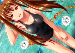 Rule 34 | 1girl, :d, ano hito, black one-piece swimsuit, blue sky, breasts, brown hair, competition swimsuit, day, eiyuu densetsu, estelle bright, falcom, long hair, medium breasts, one-piece swimsuit, open mouth, outdoors, red eyes, sky, smile, solo, sora no kiseki, standing, swimsuit, twintails, wading, water
