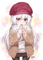 Rule 34 | 1girl, black pantyhose, blush, cabbie hat, chobipero, cowboy shot, dated, hat, jacket, jewelry, kannagiri nagamitsu (tenka hyakken), long hair, long sleeves, looking at viewer, necklace, open clothes, open jacket, open mouth, own hands together, pantyhose, purple eyes, shy, signature, solo, spread fingers, standing, sweater, tenka hyakken, white hair