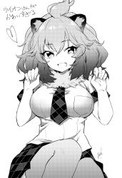 Rule 34 | 1girl, :3, animal ear fluff, animal ears, big hair, bow, bowtie, breast pocket, breasts, claw pose, dot nose, elbow gloves, eyes visible through hair, fang, fur collar, gloves, greyscale, hair between eyes, halftone, hand up, hands up, hatagaya, heart, kemono friends, large breasts, lion (kemono friends), lion ears, looking at viewer, medium hair, miniskirt, monochrome, necktie, open mouth, plaid, plaid necktie, plaid skirt, pocket, print bow, print bowtie, short sleeves, signature, simple background, sitting, skin fang, skirt, sleeve cuffs, solo, thighhighs, topknot, translation request, tsurime, wavy hair, white background, zettai ryouiki