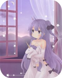 Rule 34 | 1girl, ahoge, anaguranosato, azur lane, bad id, bad pixiv id, bare shoulders, black bow, black ribbon, blush, bow, breasts, closed mouth, cloud, cloudy sky, commentary, crescent moon, criss-cross halter, curtains, detached sleeves, dress, hair bun, hair ornament, hair ribbon, halterneck, highres, indoors, long hair, long sleeves, looking away, looking to the side, moon, mountain, hugging object, one side up, open window, purple eyes, purple hair, ribbon, side bun, single hair bun, single side bun, sky, sleeves past wrists, small breasts, solo, standing, star (sky), star (symbol), starry sky, stuffed animal, stuffed pegasus, stuffed toy, stuffed unicorn, stuffed winged unicorn, transparent, unicorn (azur lane), very long hair, white dress, window