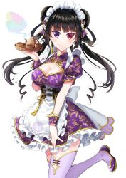 Rule 34 | 1girl, apron, black hair, blush, bow, breasts, cleavage, cleavage cutout, closed mouth, clothing cutout, commentary request, cup, double bun, dress, earrings, flower earrings, frilled apron, frilled dress, frills, hair bow, hair bun, hair rings, hand up, heterochromia, highres, holding, holding tray, jewelry, large breasts, long hair, looking at viewer, maid, maid headdress, nekozuki yuki, original, puffy short sleeves, puffy sleeves, purple bow, purple dress, purple eyes, purple footwear, purple thighhighs, red eyes, shoes, short sleeves, simple background, smile, solo, teapot, thighhighs, tray, twintails, very long hair, waist apron, white apron, white background, wrist cuffs