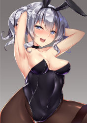 Rule 34 | 10s, 1girl, :d, absurdres, alternate costume, animal ears, armpits, arms behind head, arms up, bad id, bad pixiv id, bare shoulders, black leotard, blue eyes, blush, breasts, brown pantyhose, collarbone, fake animal ears, highres, hinacalibur, kantai collection, kashima (kancolle), leotard, looking at viewer, medium breasts, open mouth, pantyhose, playboy bunny, rabbit ears, round teeth, short hair, silver hair, smile, solo, teeth, two side up