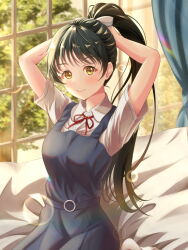 Rule 34 | 1girl, arms behind head, arms up, black dress, black hair, blurry, blurry background, bow, closed mouth, collared shirt, commentary request, curtains, dress, hair bow, hand in own hair, hands in hair, hazuki ren, highres, light particles, long hair, looking at viewer, love live!, love live! superstar!!, neck ribbon, pinafore dress, ponytail, red ribbon, ribbon, sa07 drawing, shirt, sitting, sleeveless dress, smile, socks, solo, summer uniform, tree, tying hair, wariza, white bow, white shirt, white socks, window, yellow eyes