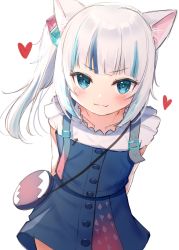 Rule 34 | 1girl, animal ears, blue eyes, blue hair, blunt bangs, blush, cat ears, gawr gura, gawr gura (casual), highres, hololive, hololive english, looking at viewer, multicolored hair, official alternate costume, open mouth, sharp teeth, silver hair, simple background, smile, solo, streaked hair, teeth, tsukiman, virtual youtuber, white background