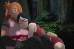 Rule 34 | 2girls, against tree, akimichi chouchou, black gloves, black hair, black thighhighs, boruto: naruto next generations, brown hair, closed eyes, closed mouth, dress, elbow gloves, feet out of frame, female focus, glasses, gloves, hair bobbles, hair ornament, highres, hug, japanese clothes, kimono, lying, lying on person, medium hair, multiple girls, naruto (series), on side, optimystic, outdoors, pink kimono, pouch, red-framed eyewear, red dress, short hair, sleeveless, sleeveless dress, smile, thighhighs, tree, uchiha sarada, yuri
