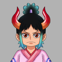 Rule 34 | 1boy, absurdres, black hair, closed mouth, fusion, green hair, grey background, high ponytail, highres, horns, if they mated, japanese clothes, kouzuki momonosuke, looking at viewer, male focus, multicolored hair, one piece, orange eyes, original, ponytail, raulkuro, short hair, simple background, solo, spanish commentary, traditional clothes, upper body, v-shaped eyebrows, yamato (one piece)