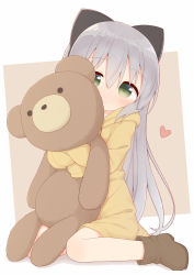 Rule 34 | 1girl, ayanepuna, black bow, blush, boots, bow, brown background, brown footwear, brown hoodie, closed mouth, commentary request, full body, green eyes, grey hair, hair between eyes, hair bow, heart, hood, hood down, hoodie, long hair, long hoodie, looking at viewer, hugging object, original, sitting, smile, solo, stuffed animal, stuffed toy, teddy bear, two-tone background, very long hair, wariza, white background