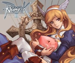 Rule 34 | 1girl, acolyte (ro2), blonde hair, blue eyes, boots, breasts, cleavage, long hair, myung-jin lee, official art, official wallpaper, poring, ragnarok online 2: legend of the second, smile, solo, thighhighs, wallpaper